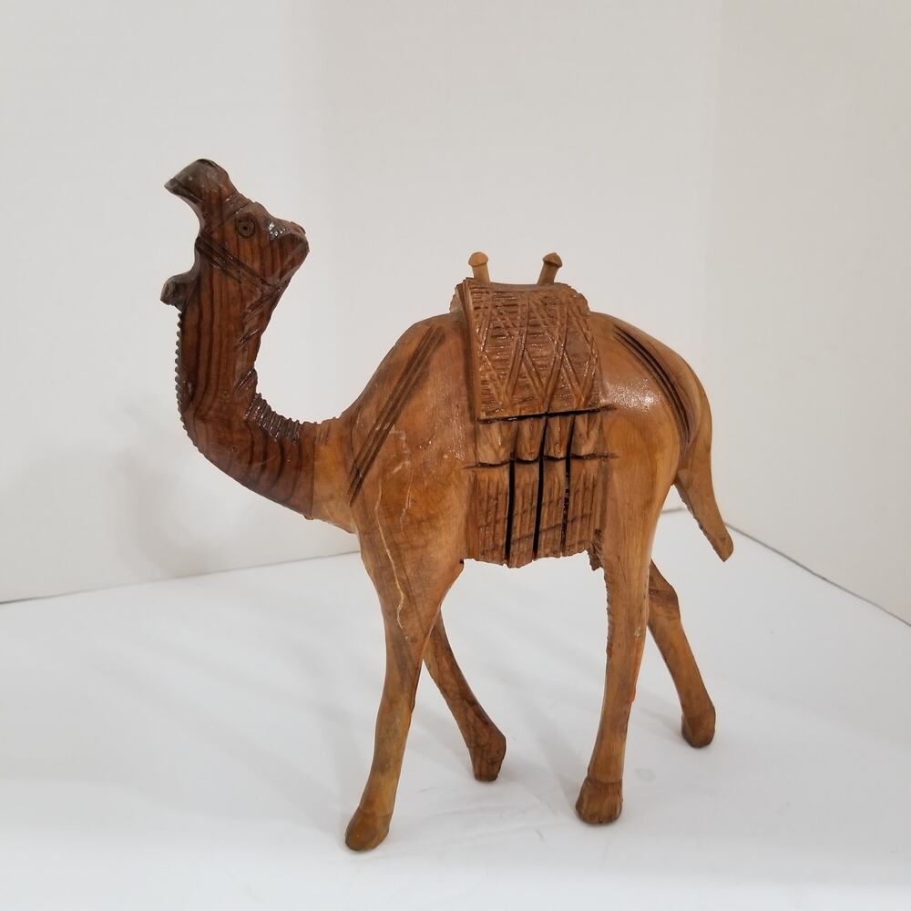 Hand carved wooden camel sculpture